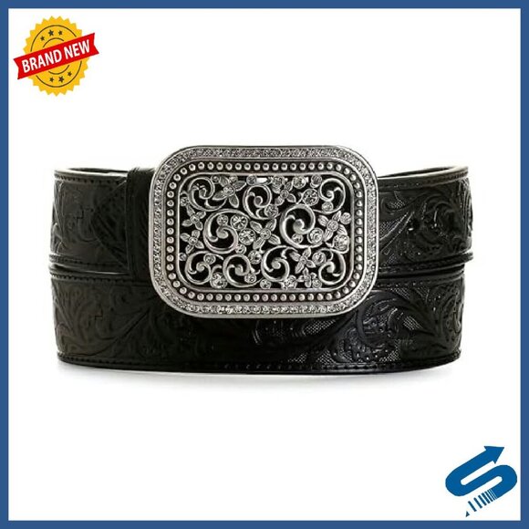 Western Tooled Leather Belt with Rhinestone Buckle, 1.5 Inch Wide main image 5